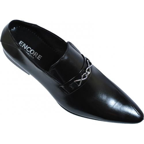 Encore By Fiesso Black Genuine Leather Pointed Toe Loafer Shoes With Linked Bracelet F13044-L